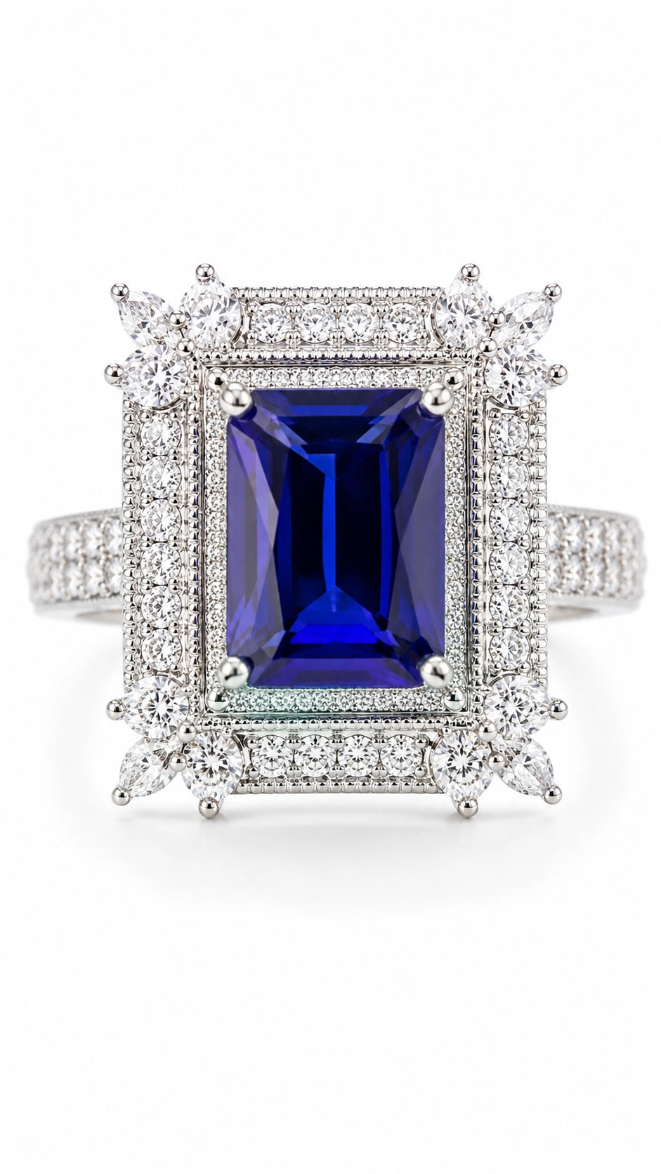 Royal Blue Emerald-Cut Crystal Statement Ring