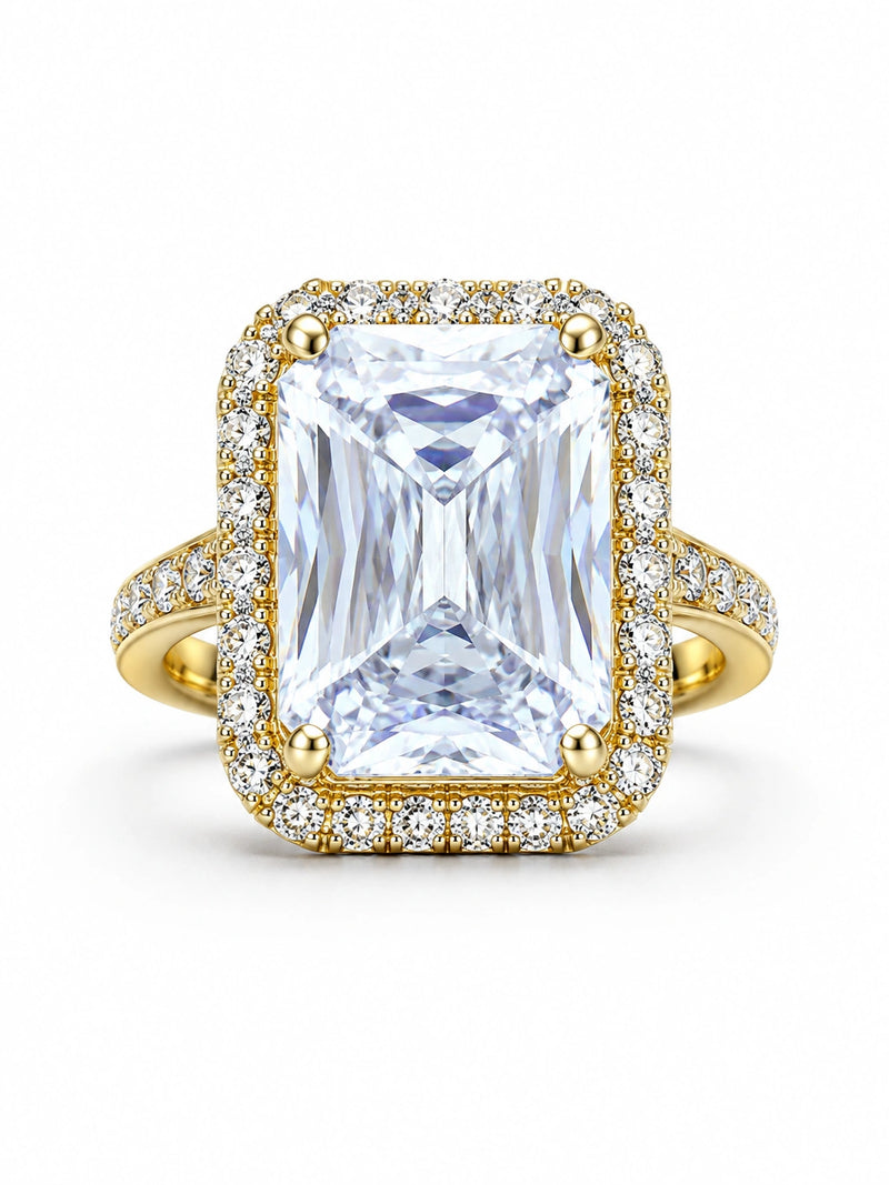 Gold Emerald-Cut Crystal Halo Statement Ring