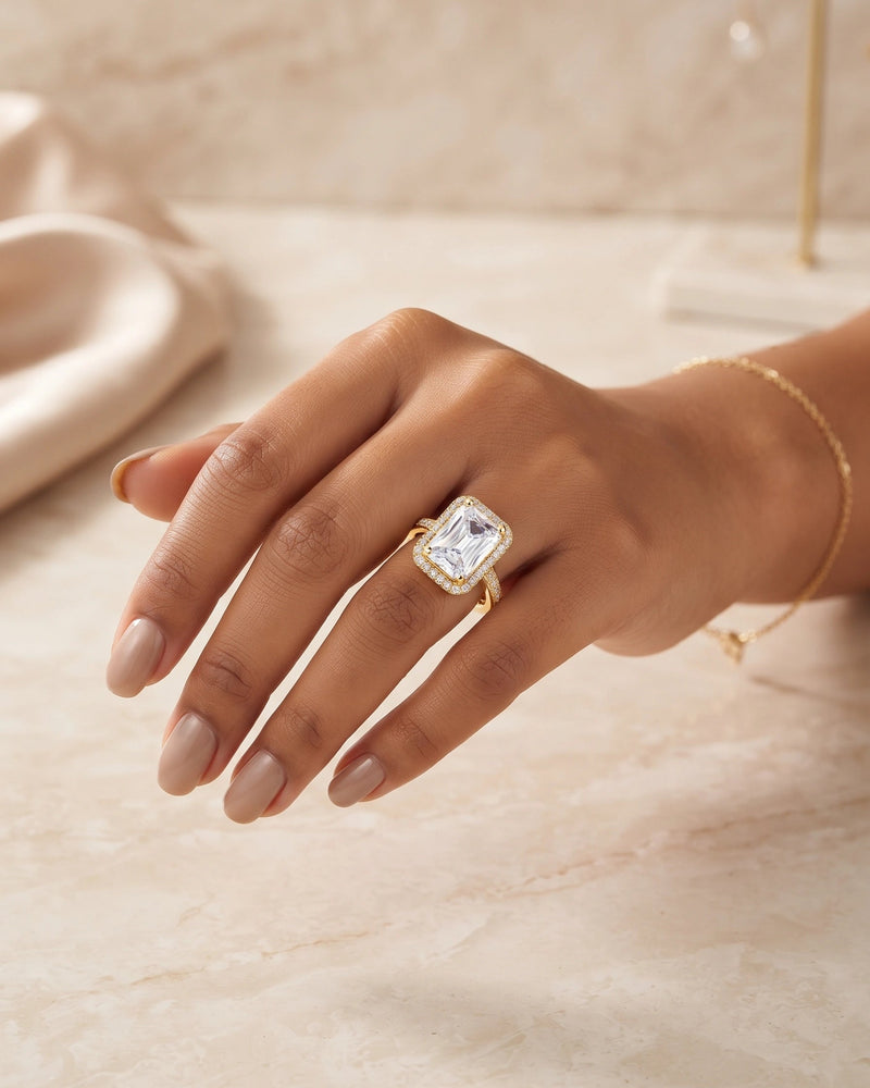Gold Emerald-Cut Crystal Halo Statement Ring