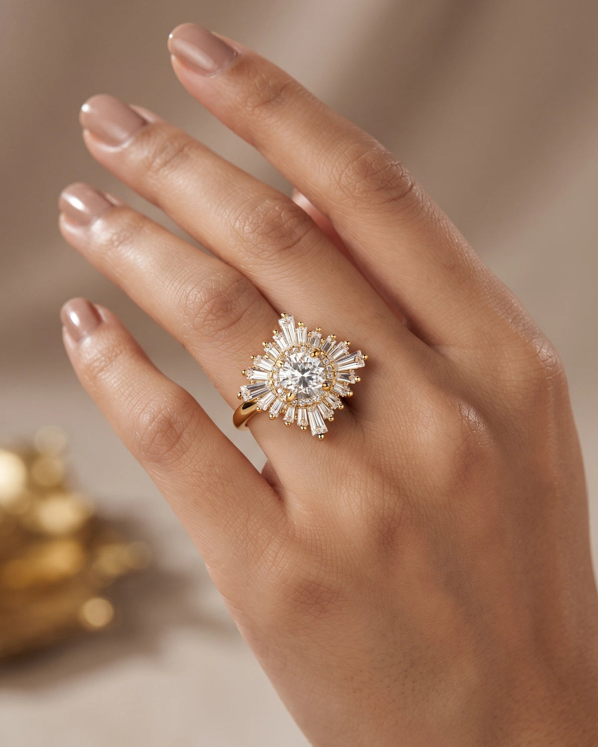 Gold Crystal Sunburst Statement Ring