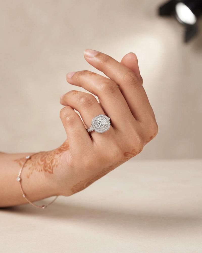Silver Octagon Halo Crystal Statement Ring