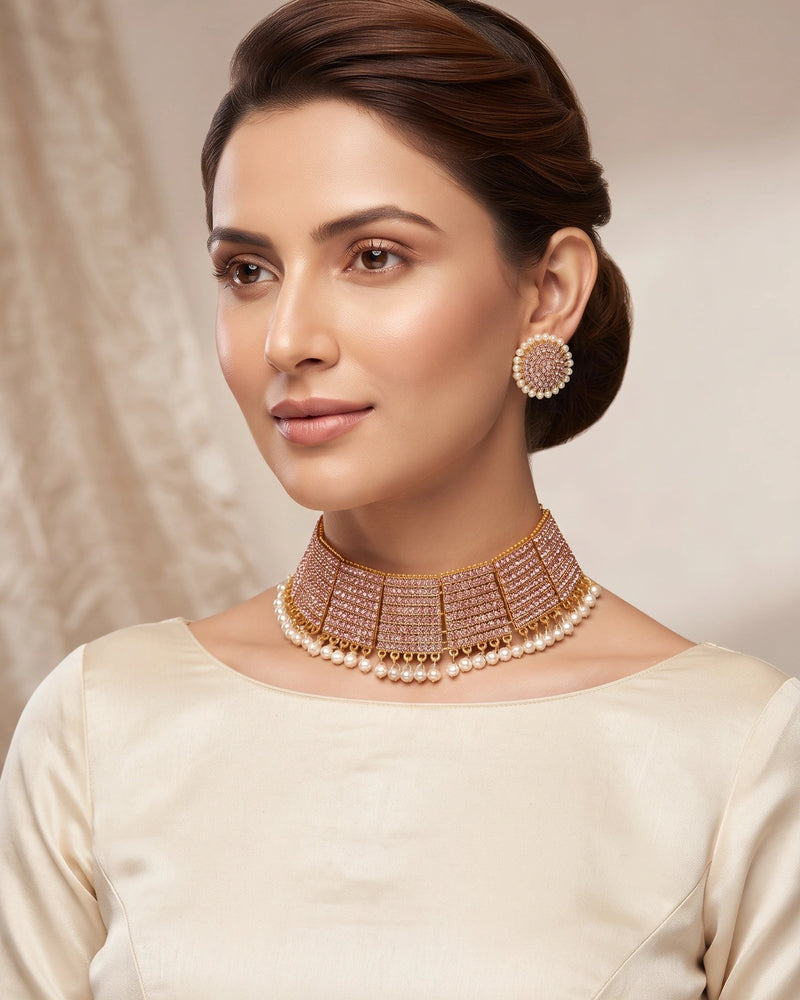 Premium Rose Gold CZ Pearl Necklace Set