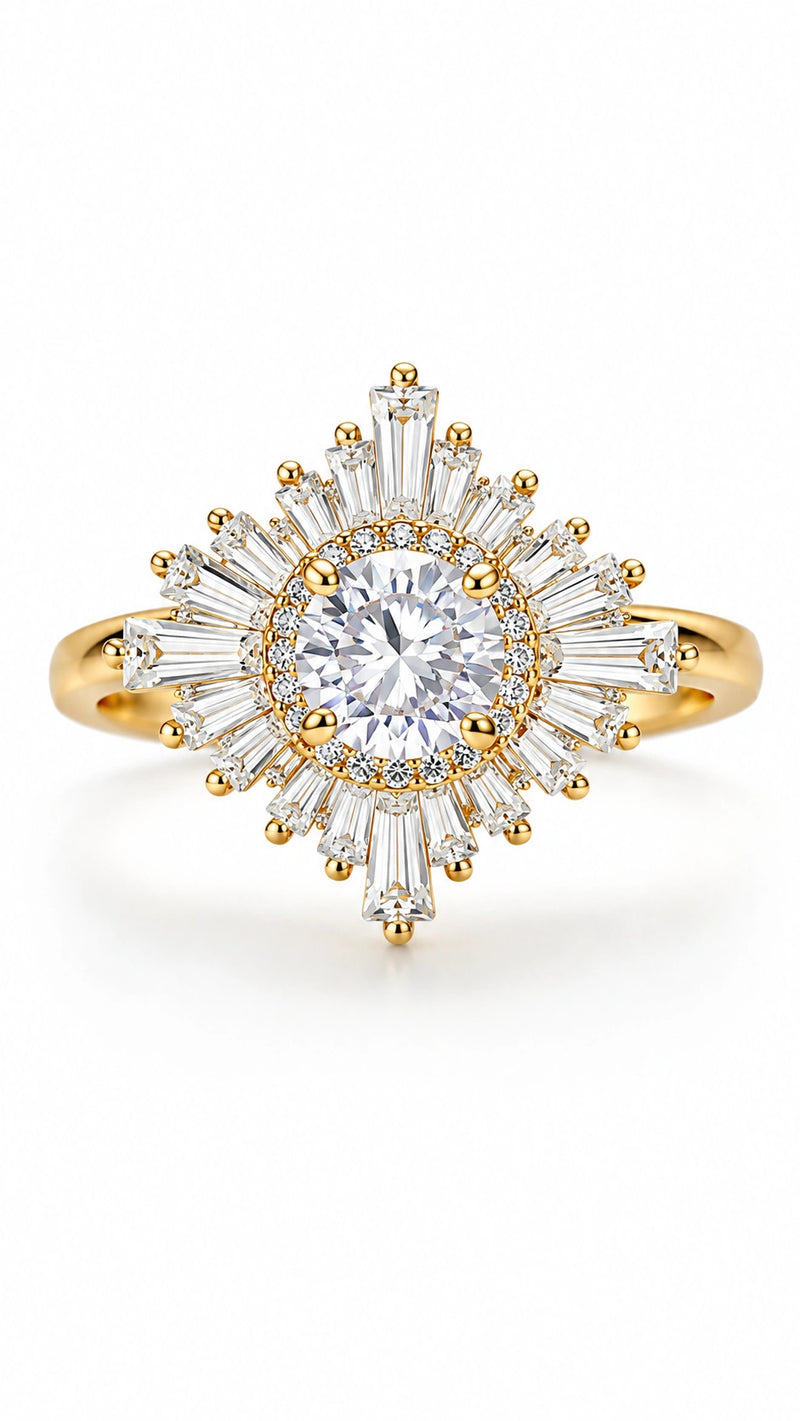 Gold Crystal Sunburst Statement Ring