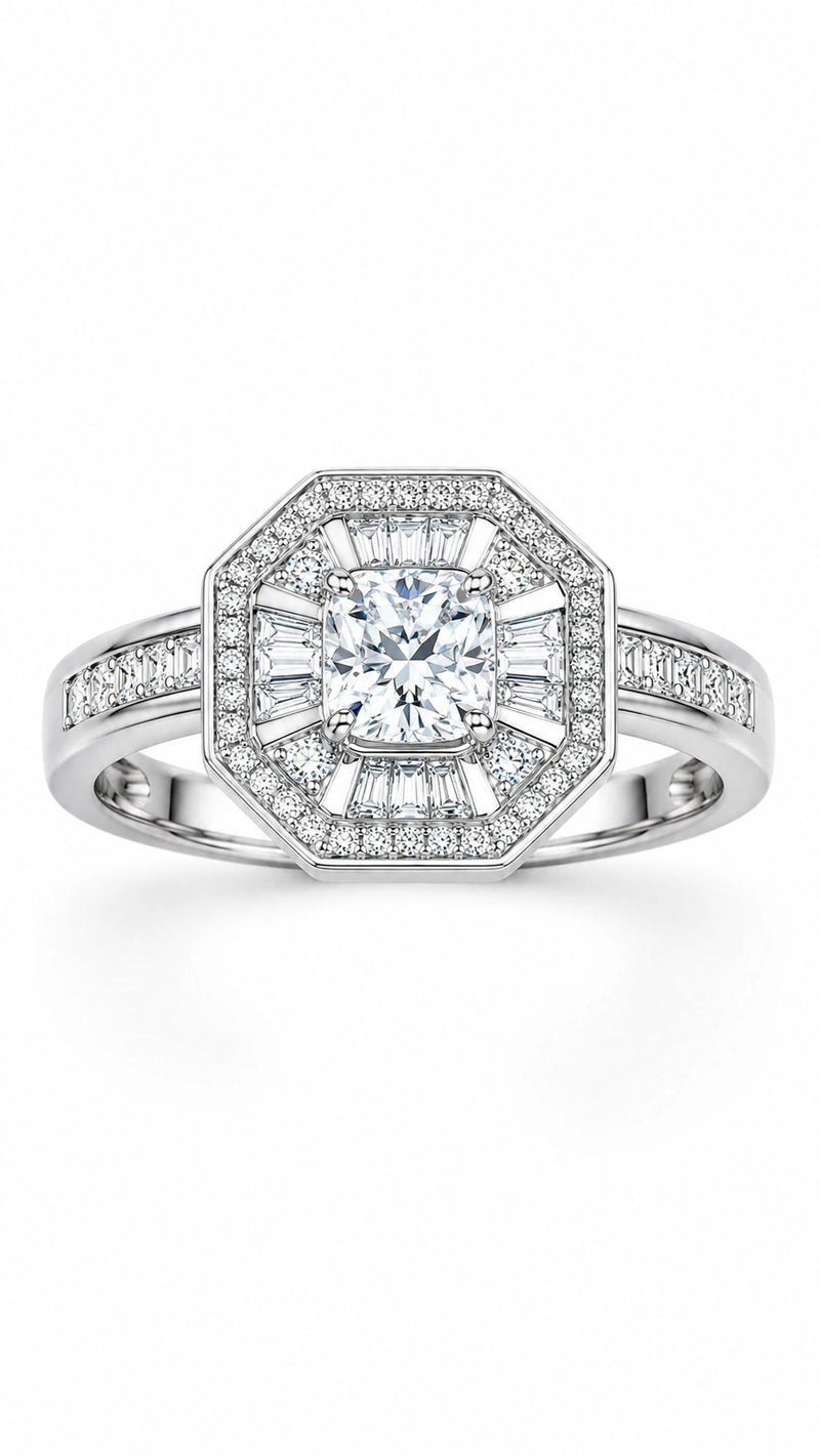 Silver Octagon Halo Crystal Statement Ring