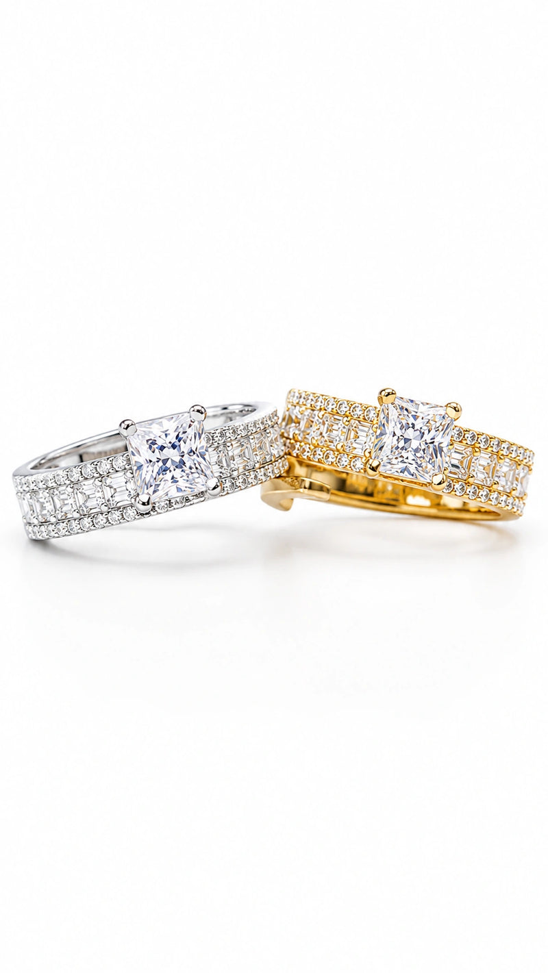 Princess-Cut Crystal Solitaire Ring – Silver & Gold Tone
