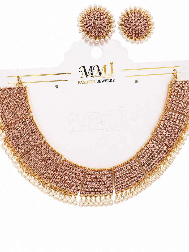 Premium Rose Gold CZ Pearl Necklace Set